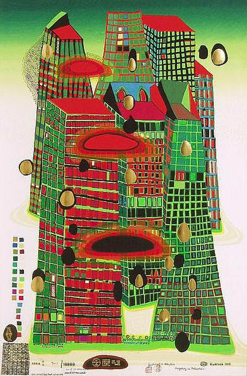 Hundertwasser - Good Morning City - Bleeding Town - series KK - 1969 color screenprint